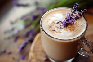 Lavender latte with a cup of coffee on a wooden table photo