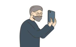 Elderly man using smartphone with happy expression on white background. illustration. vector