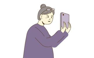 Elderly woman using smartphone with happy expression on white background. illustration. vector