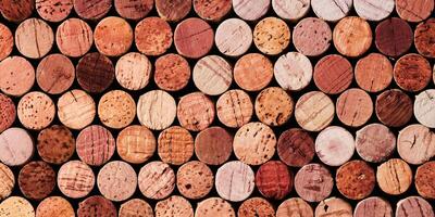 Banner of wine cork from red wine, natural texture used bottle stoppers top view, red gradient. horizontal background from closeup wooden corks. Natural textured stoppers colored wide banner photo