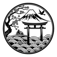 a black and white image of a tori gate and mountain vector