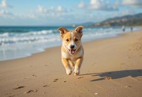Playful Puppy Running Towards Camera Against Expansive Beach Background photo