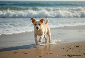 Playful Puppy Running on Shoreline, Ears Flapping in the Breeze photo