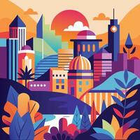 an illustration of a cityscape with colorful buildings vector