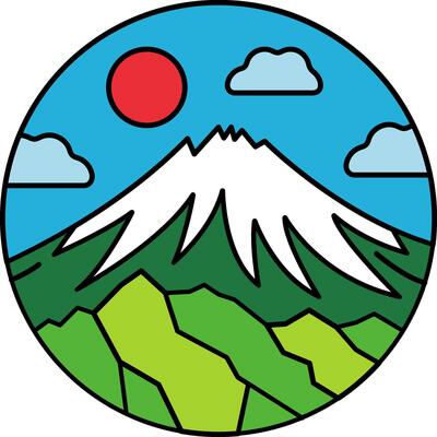 A mountain with a red sun in the sky