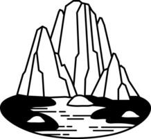 black and white icon of mountain landscape range with a river flowing through vector