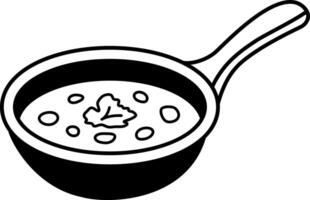 black and white icon of a pan with soup inside vector