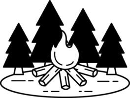 black and white single icon of a forest with a campfire in the middle vector