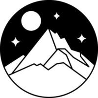 black and white icon of a mountain with a moon in the sky vector