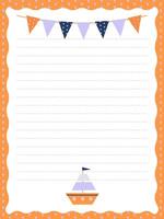 Cute notebook page with a ship and a garland of flags vector