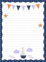 Marine-themed diary page template with a small ship and a starfish vector