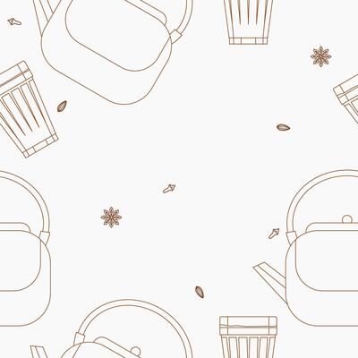 Editable Outline Side View Indian Masala Chai in Kettle and Glass Mug With Assorted Herb Spices Vectorized Illustration Seamless Pattern for South Asian Culture and Tradition Beverages Background