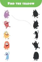 Kids educational game, monsters shadow matching, preschool activity, learning game vector