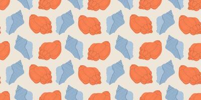 Seamless pattern with shells and seaweed illustration. Trendy pattern in flat style, design for wrapping paper, wallpaper, stickers, notebook cover. Marine summer background with shells. vector