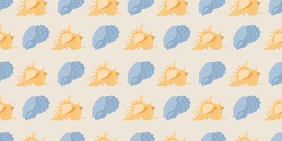 Seamless pattern with shells and seaweed illustration. Marine summer background with shells. Trendy pattern in flat style, design for wrapping paper, wallpaper, stickers, notebook cover. vector