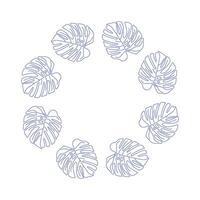 Round frame with tropical leaves in line art style on white background vector