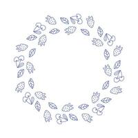 Round frame with leaves, strawberries and cherries in line art style on white background vector