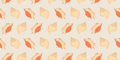 Seamless pattern with bright colorful Sea shells on beige background in modern flat style. Trendy pattern for fabric, textile, wrapping paper, wallpaper, stickers, notebook cover vector