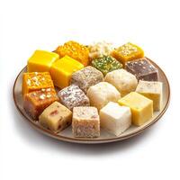 Assorted Delicious Indian Sweets Variety Platter of Colorful Cubes photo