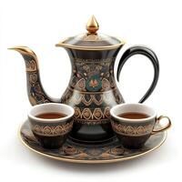 Elegant Black Gold Tea Set with Two Cups Ornate Teapot Perfect for Afternoon Tea photo
