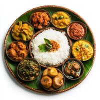 Delicious Indian Thali Platter Assorted Curries Rice and Vegetable Dishes photo