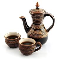 Ornate Coffee Pot and Cups Dark Brown Ceramic Tea Set with Elegant Gold Design photo