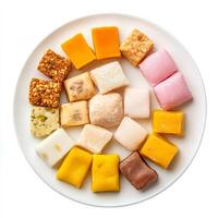 Assorted Colorful Candy Sweets Delicious Variety Plate Top View photo