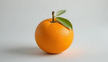 a single fresh orange with green leaf on a clean white background. photo