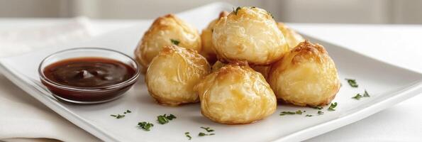 A plate with some baked potatoes and sauce photo