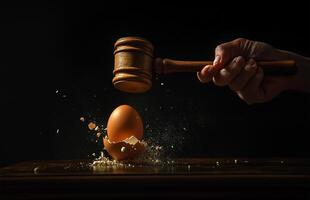 Easter egg breaks under gavel with inner egg exposed on dark backdrop photo