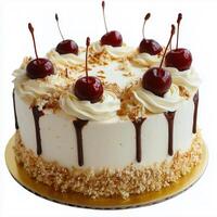 A cake with cream and cherries on top photo