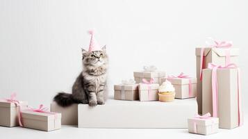 A cat wearing a birthday hat sits on top of boxes photo
