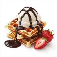Chocolate waffles with ice cream and strawberries photo