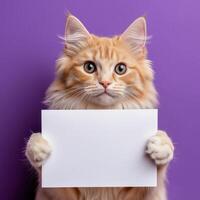 A cat holding a blank card on a purple background photo