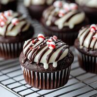 A cupcake with a white frosting and candy canes photo