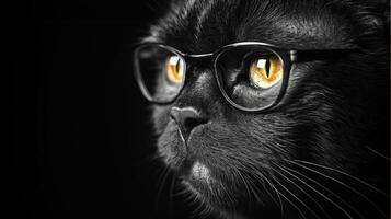 Black cat with glasses on, black background photo