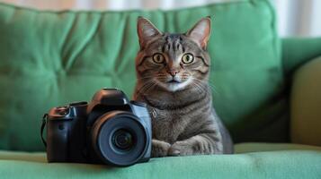 A cat sitting on a green couch with a camera photo