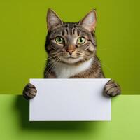 A cat holding a blank sign on a green background photo