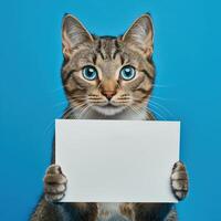 A cat holding a blank card in front of it's face photo