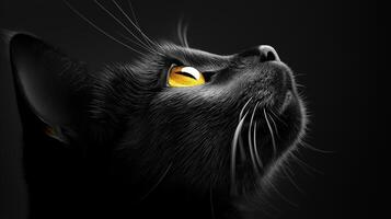 Black cat with yellow eyes on a black background. photo