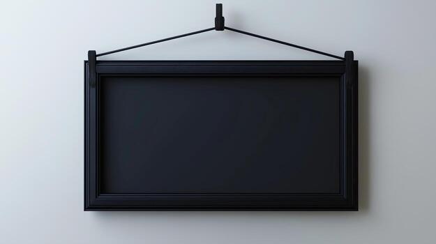 Black frame hanging on a wall with a rope photo