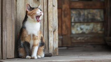 A calico cat yawning on a wooden porch photo