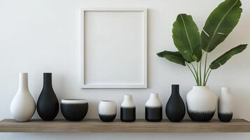 A shelf with black and white vases and a plant photo