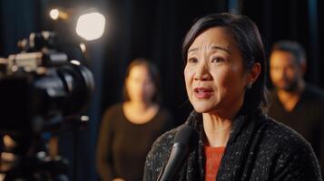 The camera focuses on a middleaged woman of Asian descent passionately speaking into a microphone her intense expression highlighting her fervor. Behind her a blurred panel of divers photo