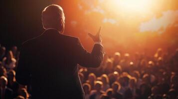 In a spotlight a politician gestures confidently towards a large crowd their brow furrowed in sincerity as they commit to tackling climate change. The backdrop features environmenta photo