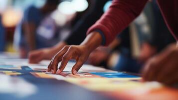 A closeup of hands working on a campaign sign while in the background the blurred silhouettes of other staff members are seen engaging in heated discussions conveying the highenerg photo
