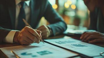 In a softly lit room a politician gestures emphatically pointing to a detailed chart on a document while an advisor takes notes ferventl photo
