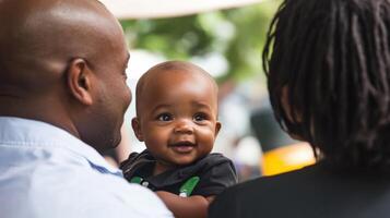 Under a canopy at a familyfriendly event a politician gently cradles a baby while speaking with the childs parents their warm smile radiating a sense of trust and approachability photo