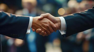 Focusing on the hands of a female and male leader engaged in a handshake the contrasting skin tones symbolize the bridging of gaps in ideologies. The warmth of the gesture is juxtapose photo