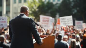 A politician leans forward from the podium a passionate expression on their face as they pledge to fight for workers rights. The scene captures the enthusiasm of a diverse crowd wit photo